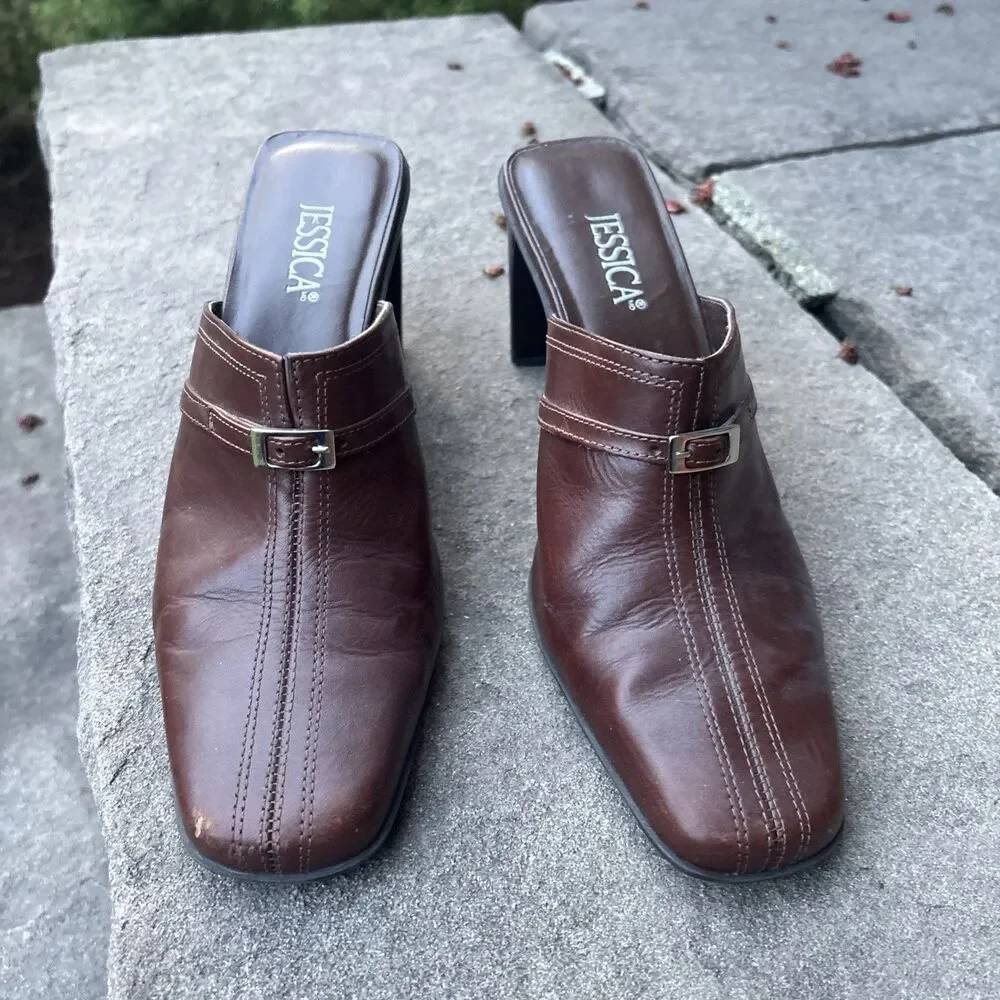 Women’s Vintage Jessica Brown Leather Backless Heels Size 7